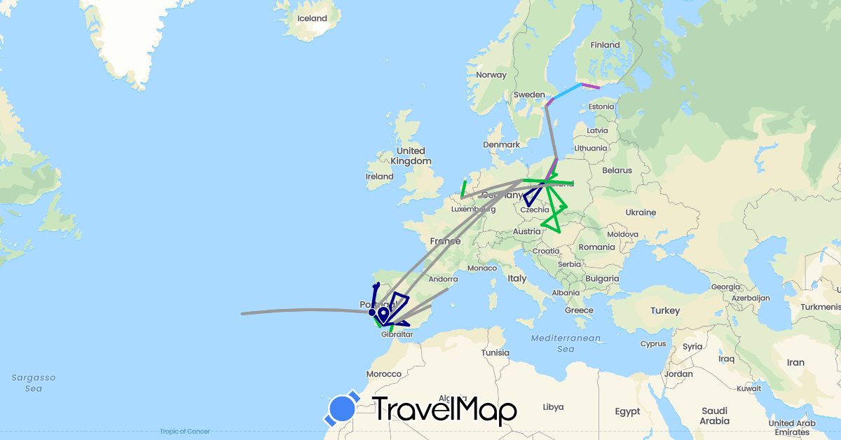 TravelMap itinerary: driving, bus, plane, train, boat in Austria, Belgium, Czech Republic, Germany, Spain, Finland, Hungary, Netherlands, Poland, Portugal, Sweden, Slovakia (Europe)